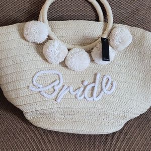 Bride straw tote bag with pompoms